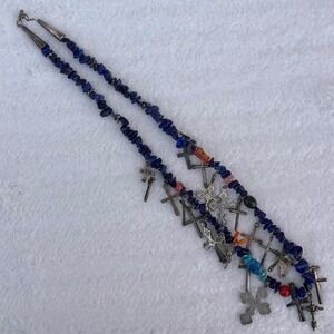 Vintage Sterling Silver Lapis Lazuli Multi Cross Charm Necklace Southwestern 24"